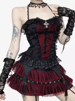 Gothic Lolita Lace Trim Camisole And Mesh Short Skirt Set Dark Series Halloween Cosplay Suit