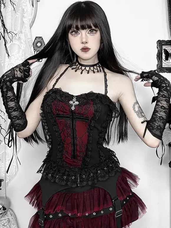 Gothic Lolita Lace Trim Camisole And Mesh Short Skirt Set Dark Series Halloween Cosplay Suit