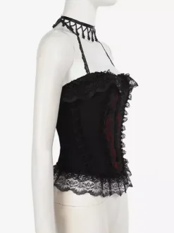 Gothic Lolita Lace Trim Camisole And Mesh Short Skirt Set Dark Series Halloween Cosplay Suit