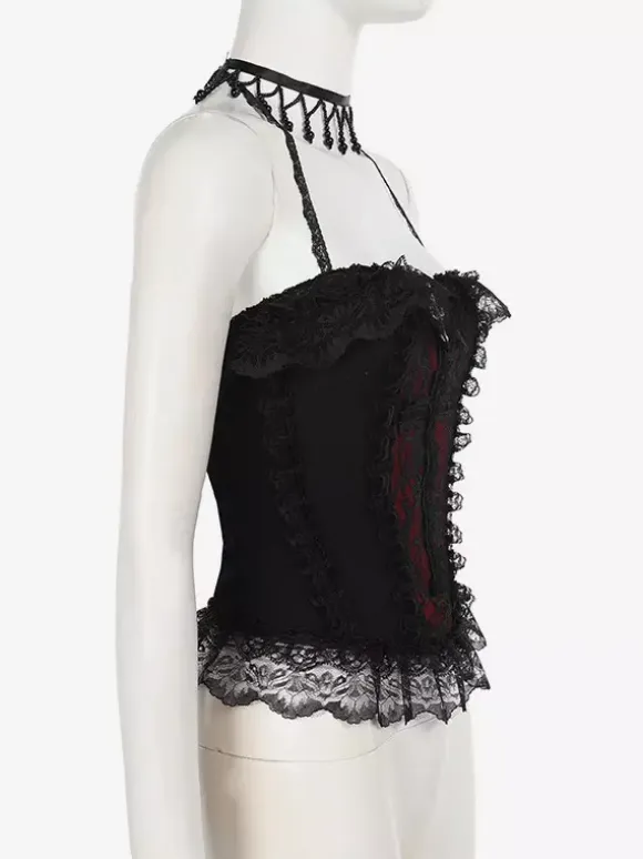 Gothic Lolita Lace Trim Camisole And Mesh Short Skirt Set Dark Series Halloween Cosplay Suit