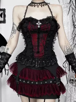 Gothic Lolita Lace Trim Camisole And Mesh Short Skirt Set Dark Series Halloween Cosplay Suit