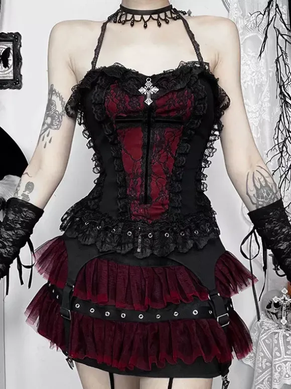 Gothic Lolita Lace Trim Camisole And Mesh Short Skirt Set Dark Series Halloween Cosplay Suit