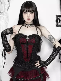 Gothic Lolita Lace Trim Camisole And Mesh Short Skirt Set Dark Series Halloween Cosplay Suit