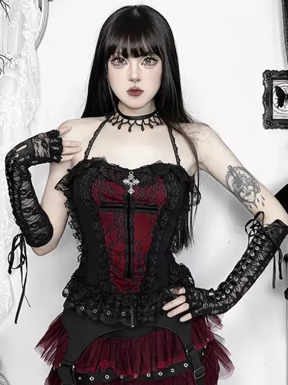 Gothic Lolita Lace Trim Camisole And Mesh Short Skirt Set Dark Series Halloween Cosplay Suit