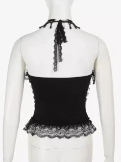 Gothic Lolita Lace Trim Camisole And Mesh Short Skirt Set Dark Series Halloween Cosplay Suit