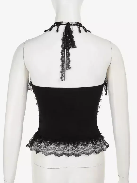 Gothic Lolita Lace Trim Camisole And Mesh Short Skirt Set Dark Series Halloween Cosplay Suit