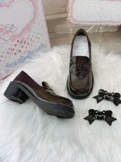 Gothic Lolita Loafers Shoes Brown PU Leather Chunky Heel Lolita Pumps