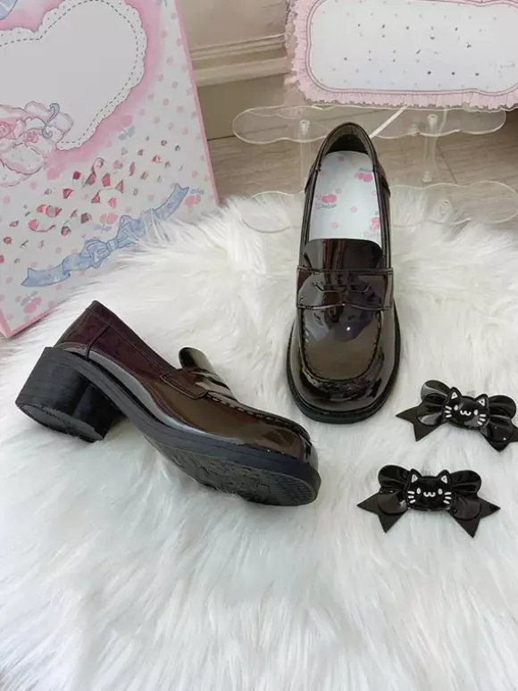 Gothic Lolita Loafers Shoes Brown PU Leather Chunky Heel Lolita Pumps