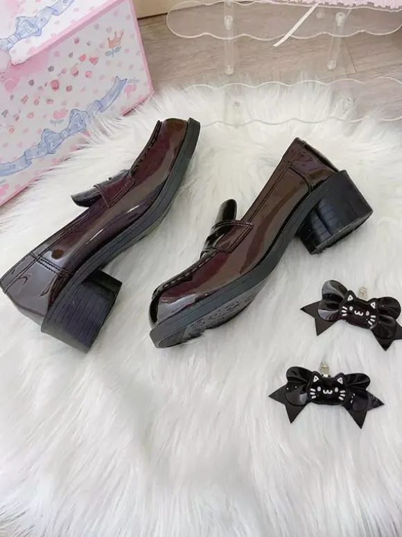 Gothic Lolita Loafers Shoes Brown PU Leather Chunky Heel Lolita Pumps