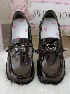 Gothic Lolita Loafers Shoes Brown PU Leather Chunky Heel Lolita Pumps