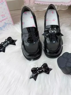 Gothic Lolita Loafers Shoes Brown PU Leather Chunky Heel Lolita Pumps
