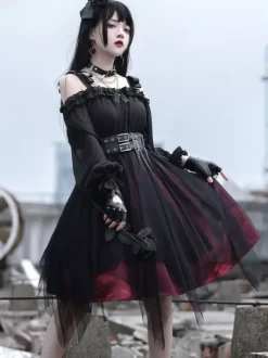 Gothic Lolita OP Dress Black Burgundy Ruffles Bows Open The Shoulder Long Sleeves Lolita One Piece Dress
