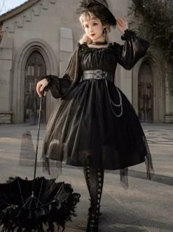 Gothic Lolita OP Dress Black Burgundy Ruffles Bows Open The Shoulder Long Sleeves Lolita One Piece Dress