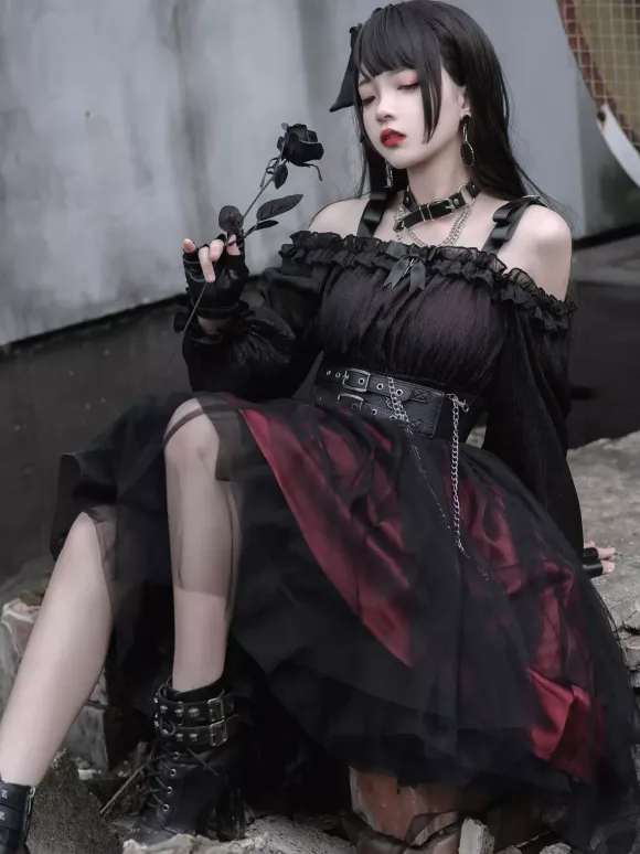 Gothic Lolita OP Dress Black Burgundy Ruffles Bows Open The Shoulder Long Sleeves Lolita One Piece Dress