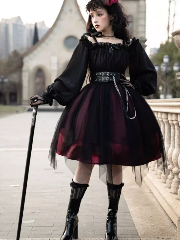 Gothic Lolita OP Dress Black Burgundy Ruffles Bows Open The Shoulder Long Sleeves Lolita One Piece Dress