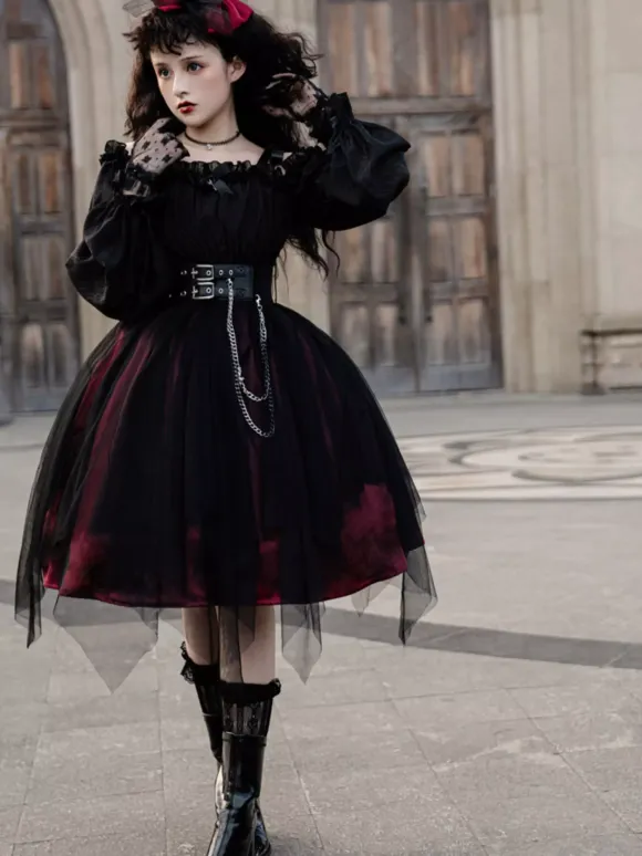 Gothic Lolita OP Dress Black Burgundy Ruffles Bows Open The Shoulder Long Sleeves Lolita One Piece Dress