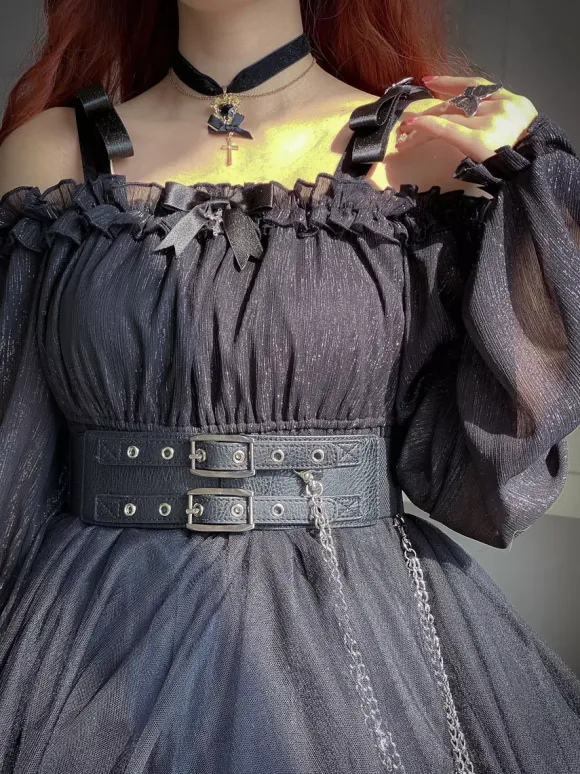 Gothic Lolita OP Dress Black Burgundy Ruffles Bows Open The Shoulder Long Sleeves Lolita One Piece Dress