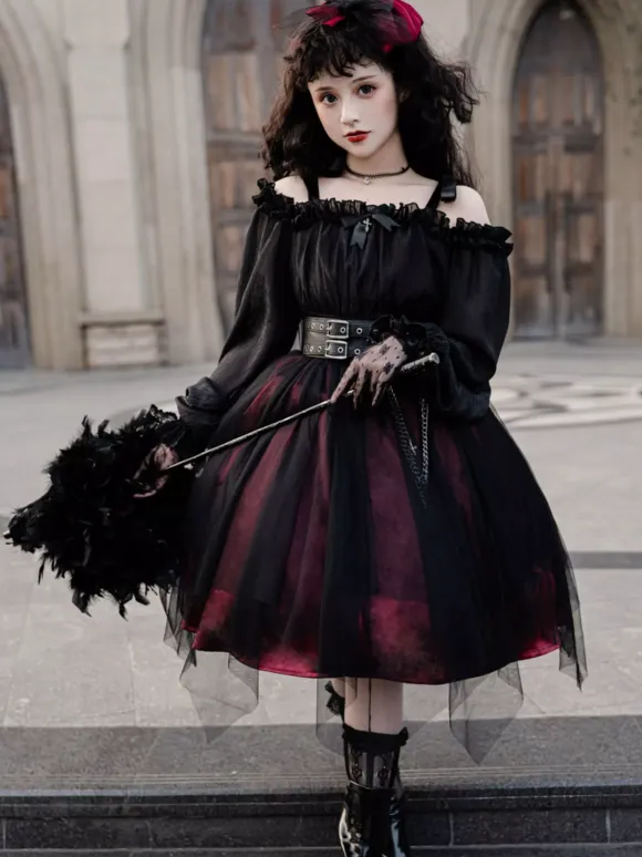Gothic Lolita OP Dress Black Burgundy Ruffles Bows Open The Shoulder Long Sleeves Lolita One Piece Dress
