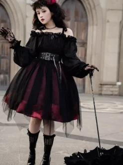 Gothic Lolita OP Dress Black Burgundy Ruffles Bows Open The Shoulder Long Sleeves Lolita One Piece Dress
