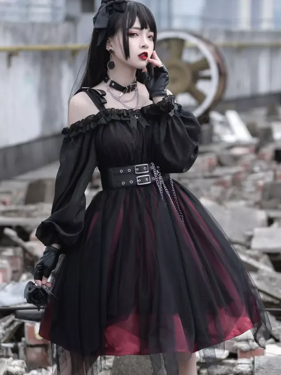 Gothic Lolita OP Dress Black Burgundy Ruffles Bows Open The Shoulder Long Sleeves Lolita One Piece Dress