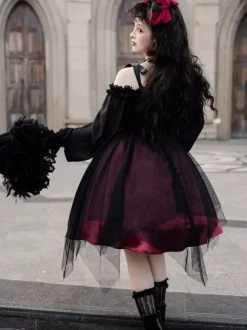 Gothic Lolita OP Dress Black Burgundy Ruffles Bows Open The Shoulder Long Sleeves Lolita One Piece Dress