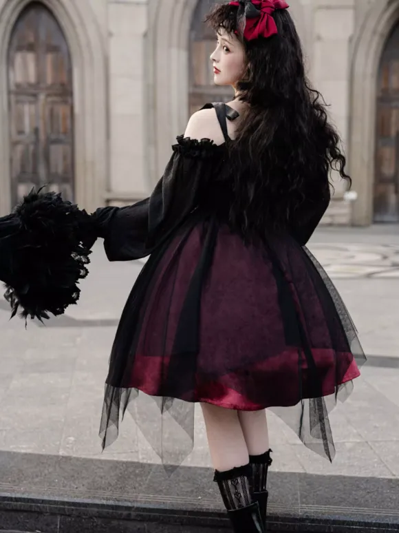 Gothic Lolita OP Dress Black Burgundy Ruffles Bows Open The Shoulder Long Sleeves Lolita One Piece Dress