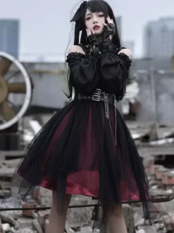 Gothic Lolita OP Dress Black Burgundy Ruffles Bows Open The Shoulder Long Sleeves Lolita One Piece Dress