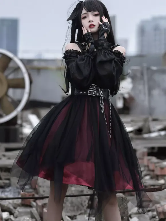 Gothic Lolita OP Dress Black Burgundy Ruffles Bows Open The Shoulder Long Sleeves Lolita One Piece Dress
