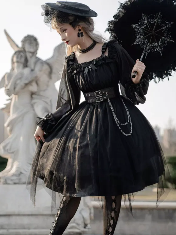 Gothic Lolita OP Dress Black Burgundy Ruffles Bows Open The Shoulder Long Sleeves Lolita One Piece Dress