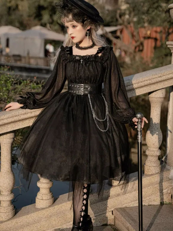Gothic Lolita OP Dress Black Burgundy Ruffles Bows Open The Shoulder Long Sleeves Lolita One Piece Dress
