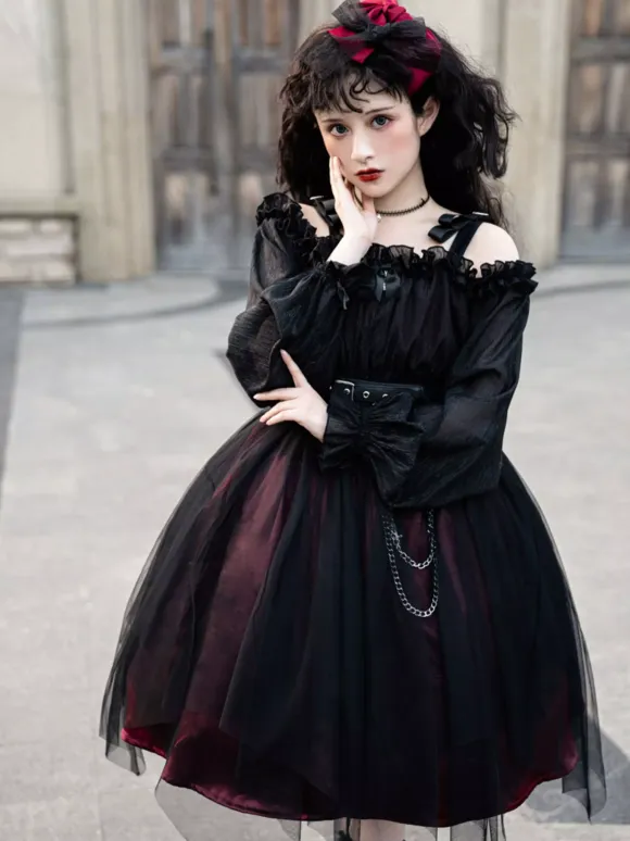 Gothic Lolita OP Dress Black Burgundy Ruffles Bows Open The Shoulder Long Sleeves Lolita One Piece Dress