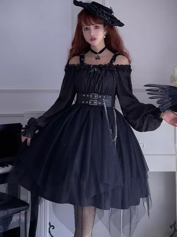 Gothic Lolita OP Dress Black Burgundy Ruffles Bows Open The Shoulder Long Sleeves Lolita One Piece Dress