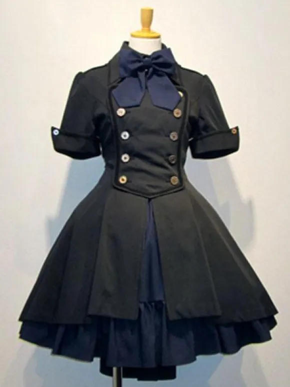 Gothic Lolita OP Dress Button Bow Ruffle Two Tone High Low Lolita One Piece Dress