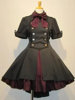 Gothic Lolita OP Dress Button Bow Ruffle Two Tone High Low Lolita One Piece Dress
