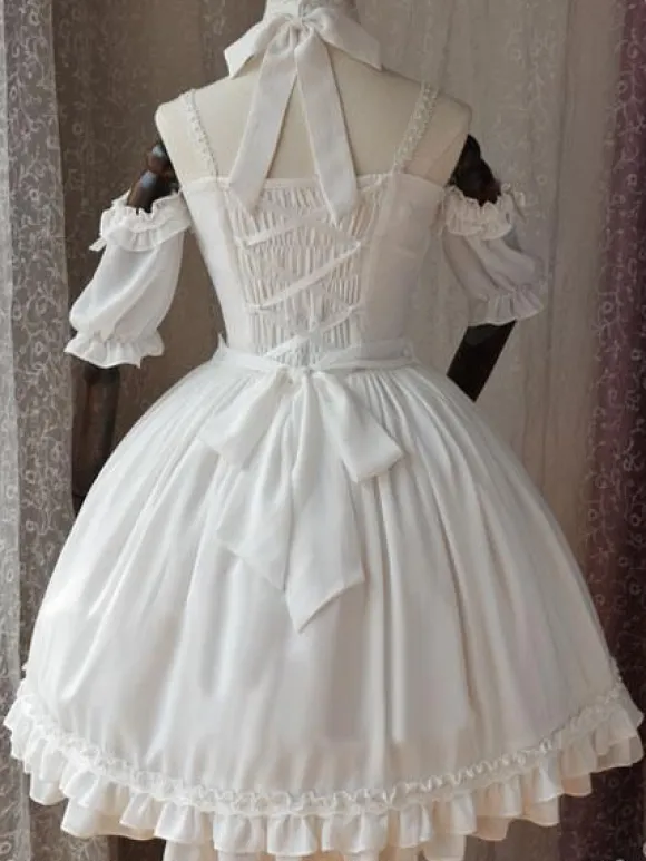 Gothic Lolita OP One Piece Dress Magic Tea Party Ruffles Bows Printed Chiffon Short Sleeve Black Lolita Dresses