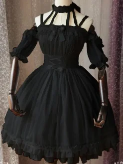 Gothic Lolita OP One Piece Dress Magic Tea Party Ruffles Bows Printed Chiffon Short Sleeve Black Lolita Dresses