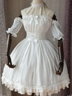 Gothic Lolita OP One Piece Dress Magic Tea Party Ruffles Bows Printed Chiffon Short Sleeve Black Lolita Dresses
