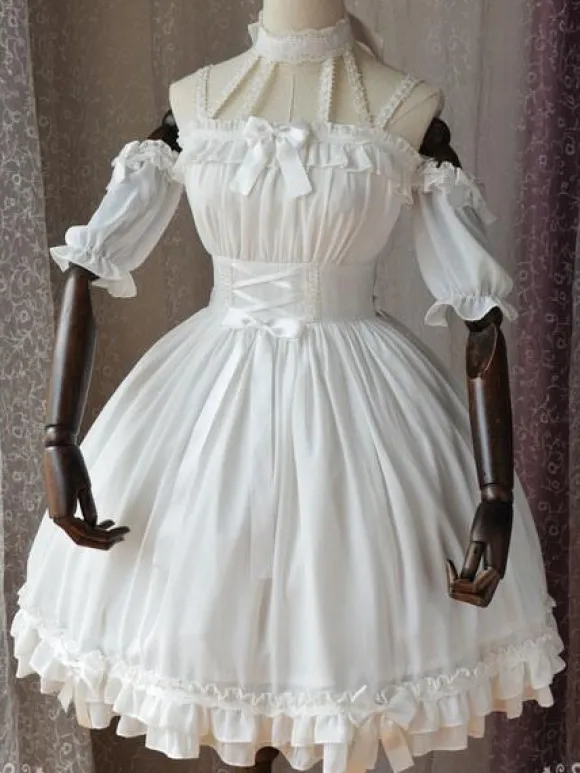 Gothic Lolita OP One Piece Dress Magic Tea Party Ruffles Bows Printed Chiffon Short Sleeve Black Lolita Dresses