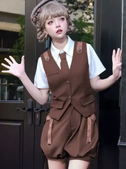 Gothic Lolita Outfits Coffee Brown Sleeveless Pants Overcoat