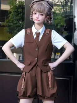 Gothic Lolita Outfits Coffee Brown Sleeveless Pants Overcoat