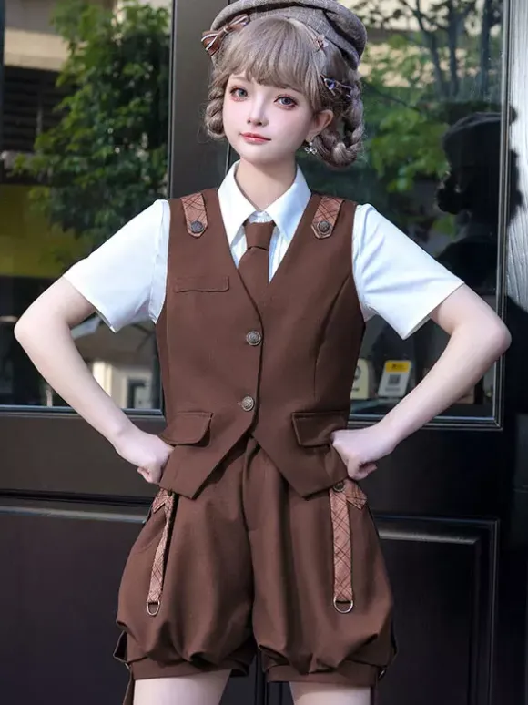 Gothic Lolita Outfits Coffee Brown Sleeveless Pants Overcoat