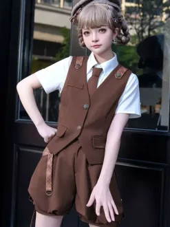 Gothic Lolita Outfits Coffee Brown Sleeveless Pants Overcoat