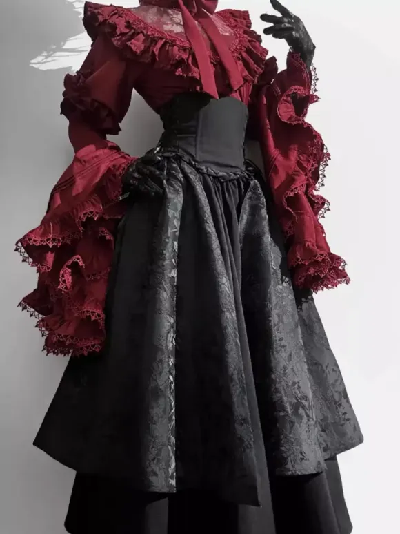 Gothic Lolita Outfits Lace Ruffles Long Sleeves Blouse and Black Skirt tow piece suit
