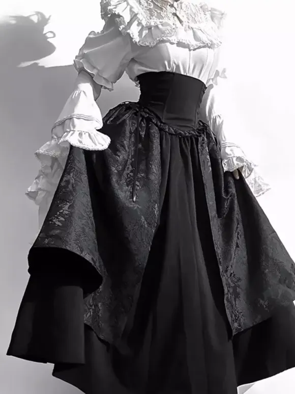 Gothic Lolita Outfits Lace Ruffles Long Sleeves Blouse and Black Skirt tow piece suit
