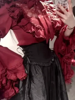 Gothic Lolita Outfits Lace Ruffles Long Sleeves Blouse and Black Skirt tow piece suit