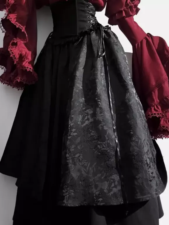 Gothic Lolita Outfits Lace Ruffles Long Sleeves Blouse and Black Skirt tow piece suit