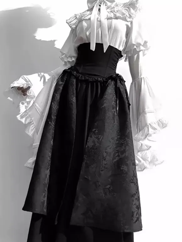 Gothic Lolita Outfits Lace Ruffles Long Sleeves Blouse and Black Skirt tow piece suit