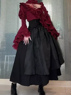 Gothic Lolita Outfits Lace Ruffles Long Sleeves Blouse and Black Skirt tow piece suit