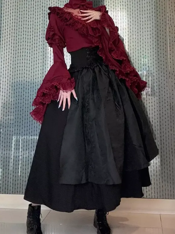 Gothic Lolita Outfits Lace Ruffles Long Sleeves Blouse and Black Skirt tow piece suit