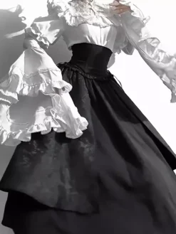 Gothic Lolita Outfits Lace Ruffles Long Sleeves Blouse and Black Skirt tow piece suit